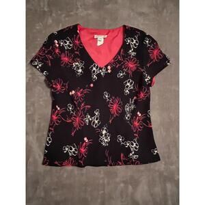 Miss Dorby Petite Womens Top Short Sleeve V Neck Floral Print Black Pink 14P